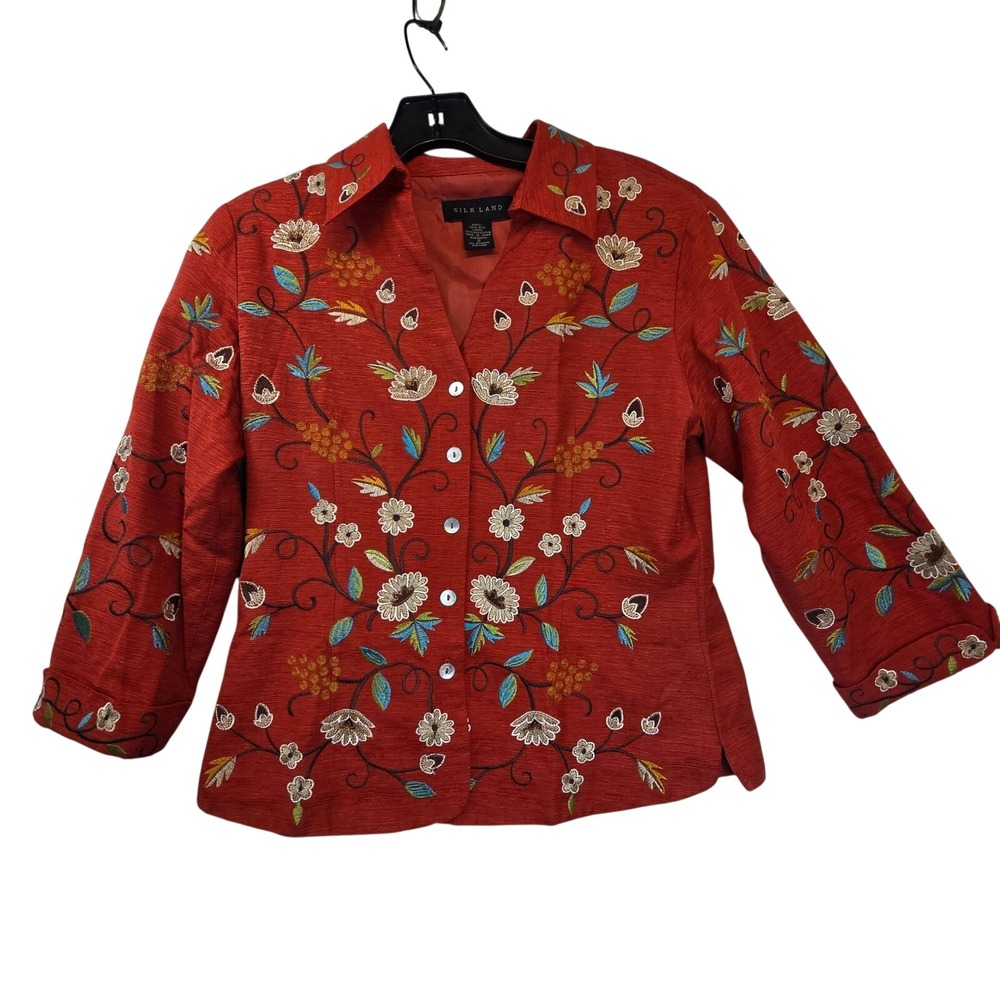 Silk Land Embroidered Floral Jacket Blazer Artsy Boho Fall Dopamine Womens Small